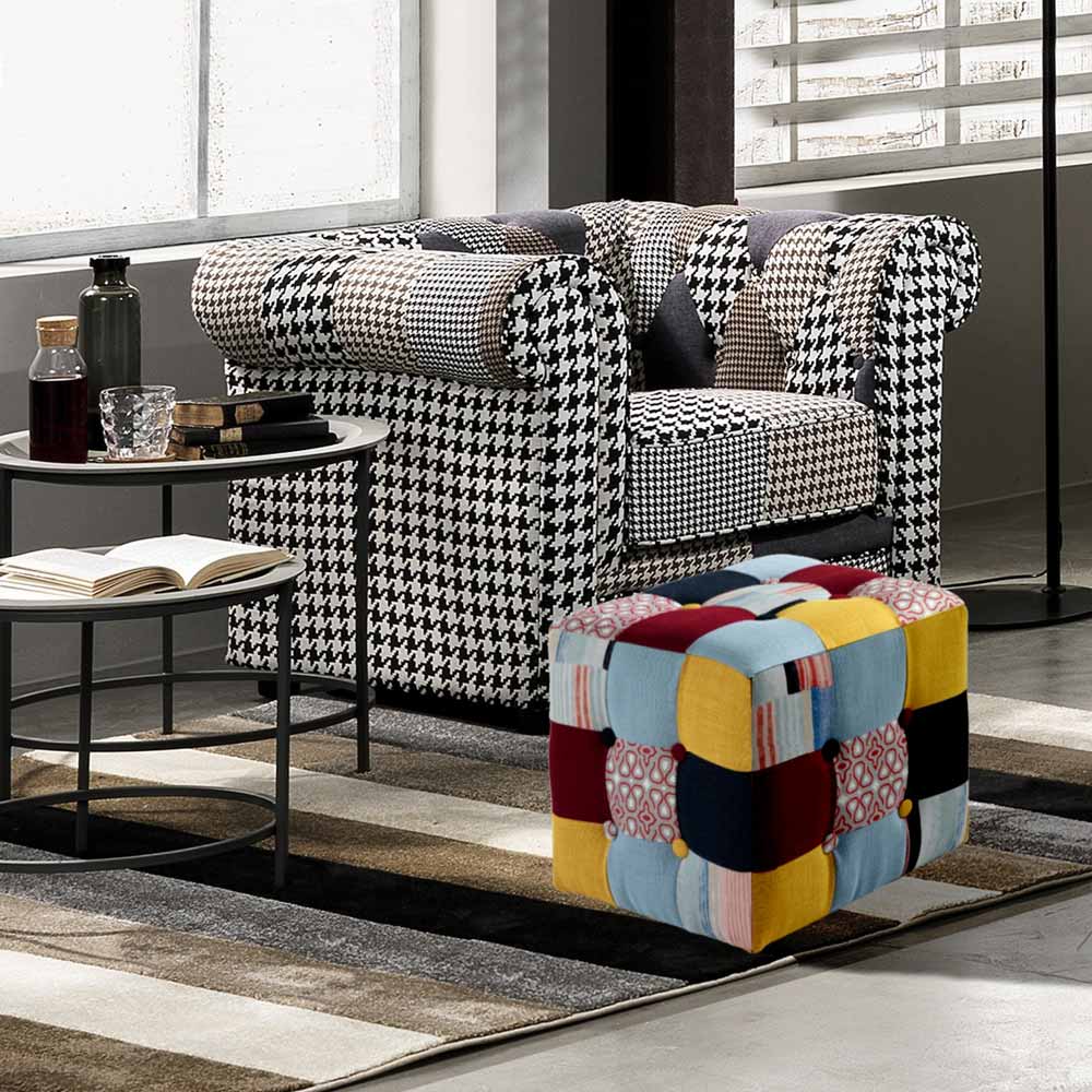 Puf revestido de tela con técnica patchwork