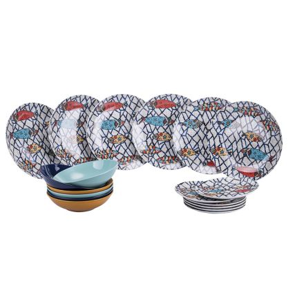 18 Platos de porcelana y gres con adornos de peces de colores - Morgen viadurini