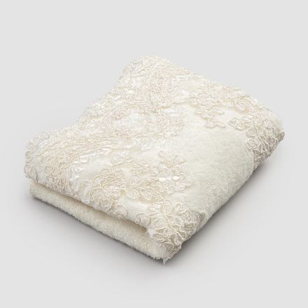 2 toallas de invitados en felpa de algodón y cenefa en mezcla de lino con encaje - Ginova viadurini