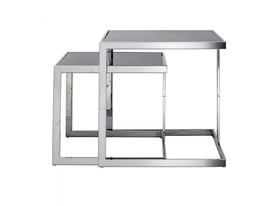 2 mesas de diseño moderno en acero inoxidable con tapa de cristal Bubbi