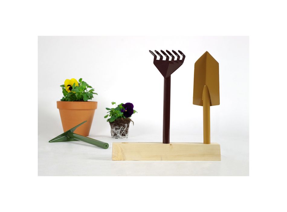 3 herramientas de jardinería de metal con base de madera Made in Italy - Jardín viadurini