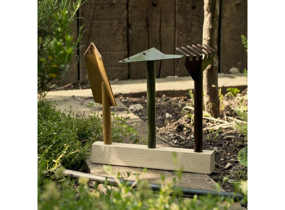 3 herramientas de jardinería de metal con base de madera Made in Italy - Jardín viadurini