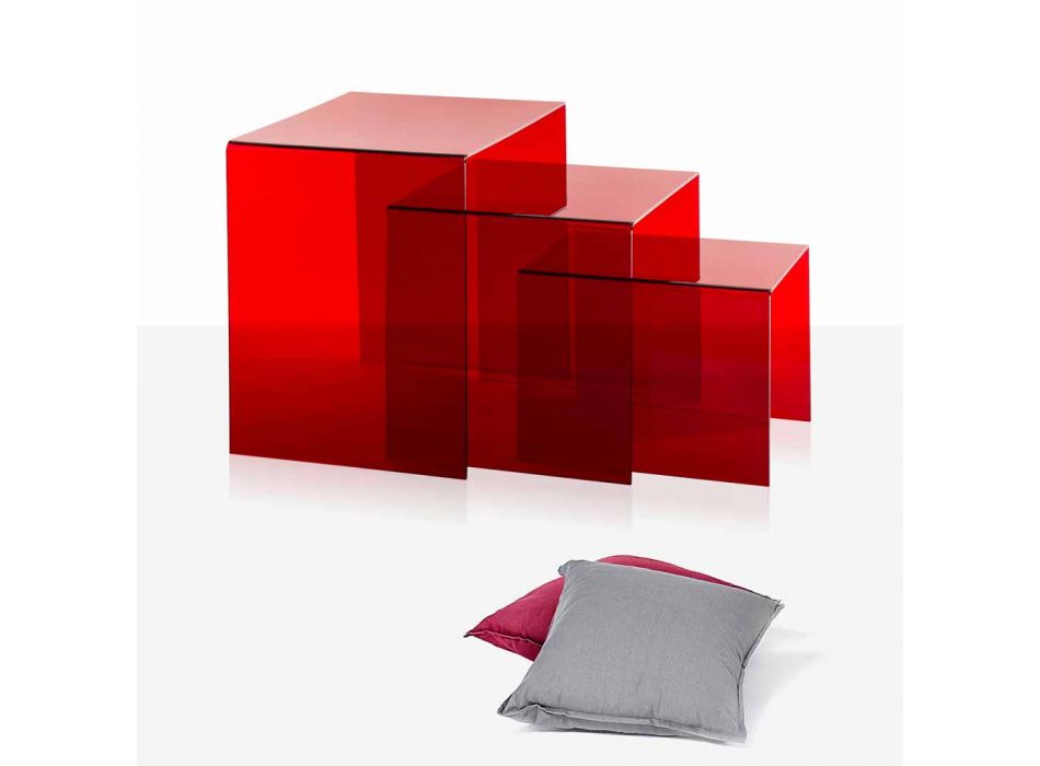 3 mesas apilables rojas de Amalia, diseño moderno, hechas en Italia