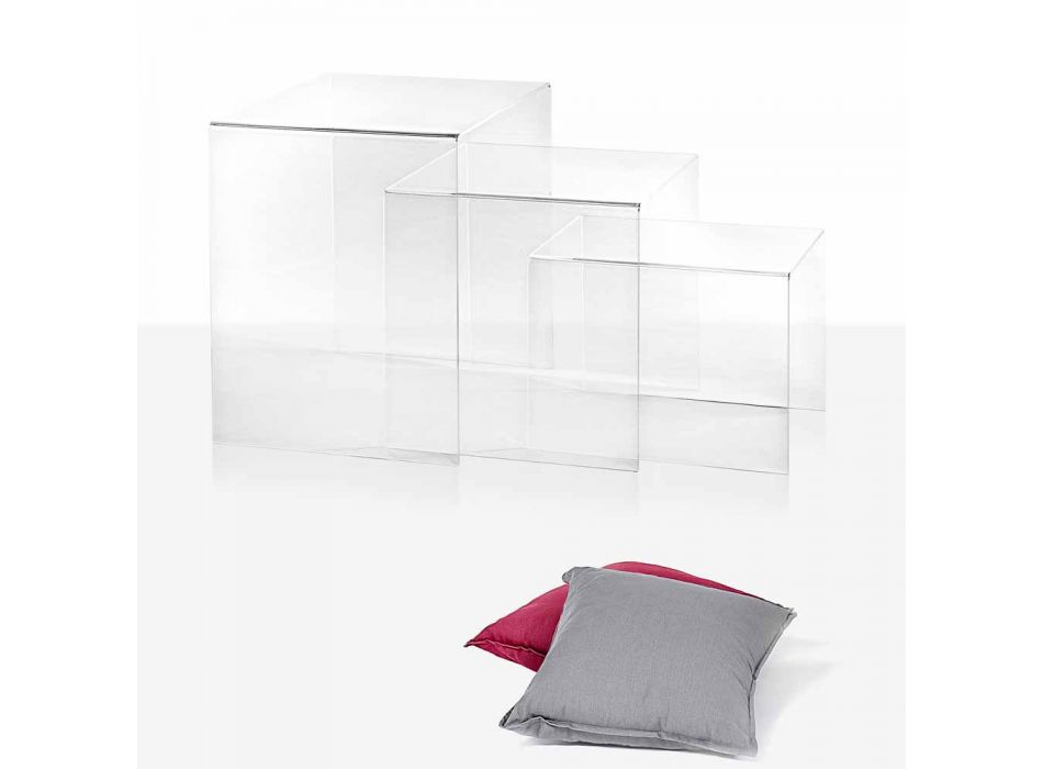 3 mesas superpuestas transparentes de diseño Amalia, fabricadas en Italia.