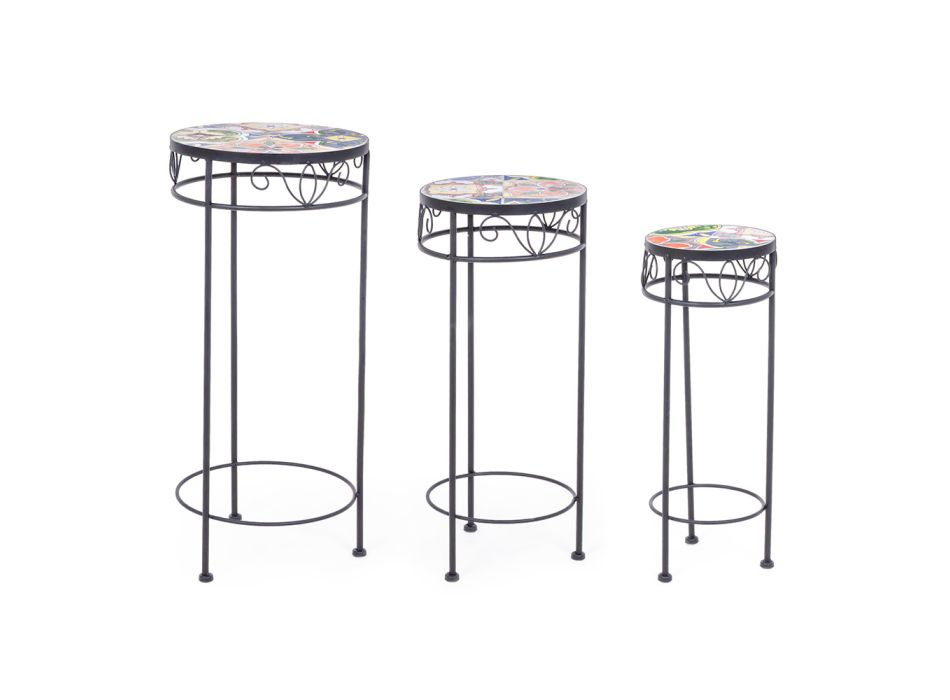 3 mesas redondas de acero para exterior con decoraciones de diseño - Enchanting viadurini