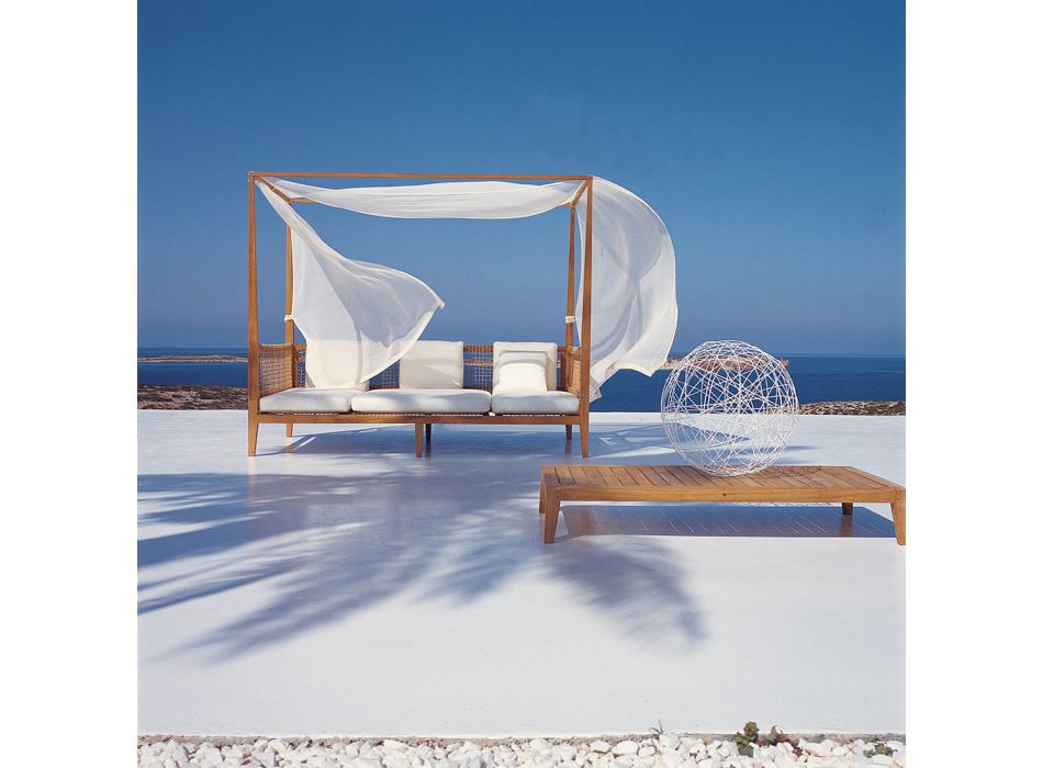 Alcoba de exterior en teca con cortina y cojines Made in Italy - Oracle viadurini
