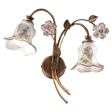 Aplique 2 Luces en Metal y Cerámica Decorada a Mano con Rosa - Pisa viadurini