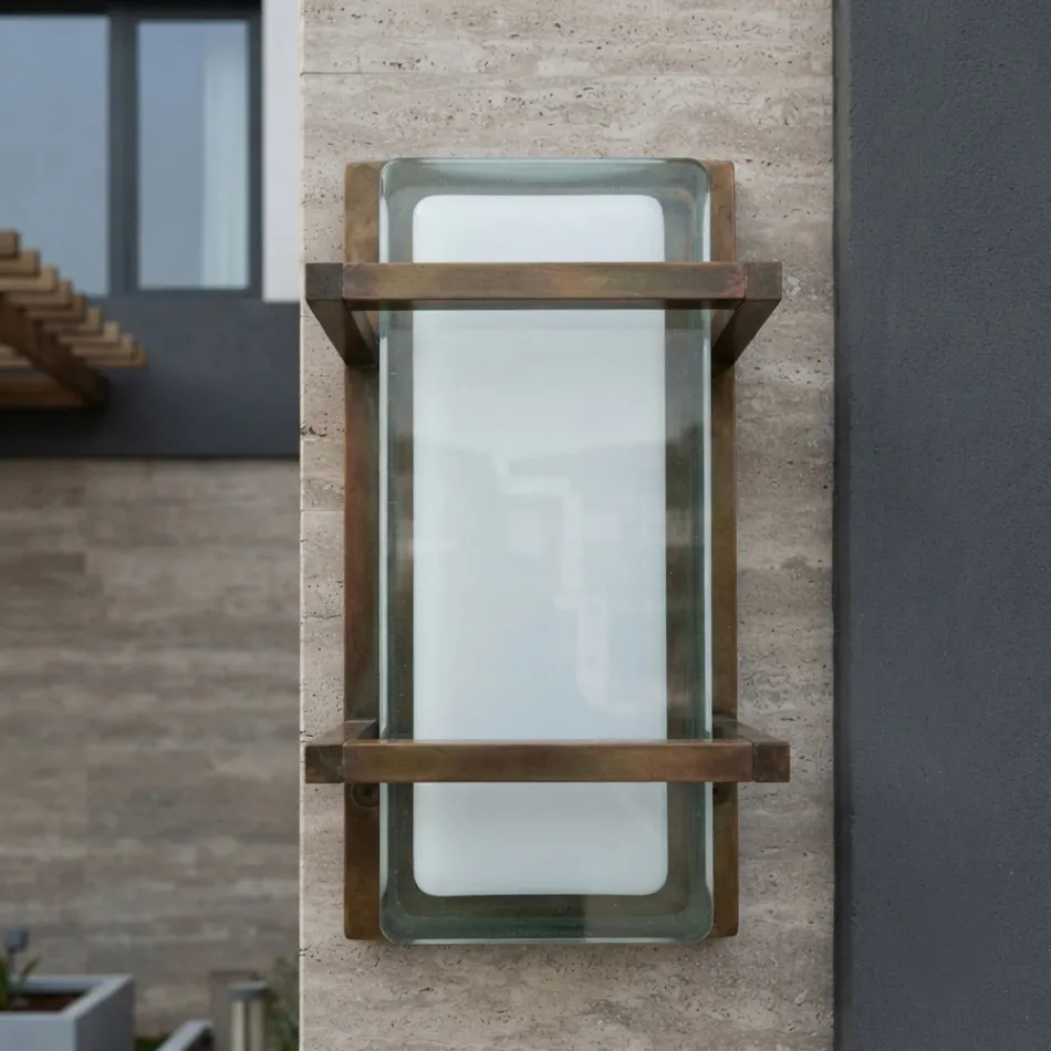 Aplique de pared exterior de latón, casquillo E27, estilo geométrico, fabricado en Italia - Cristal viadurini