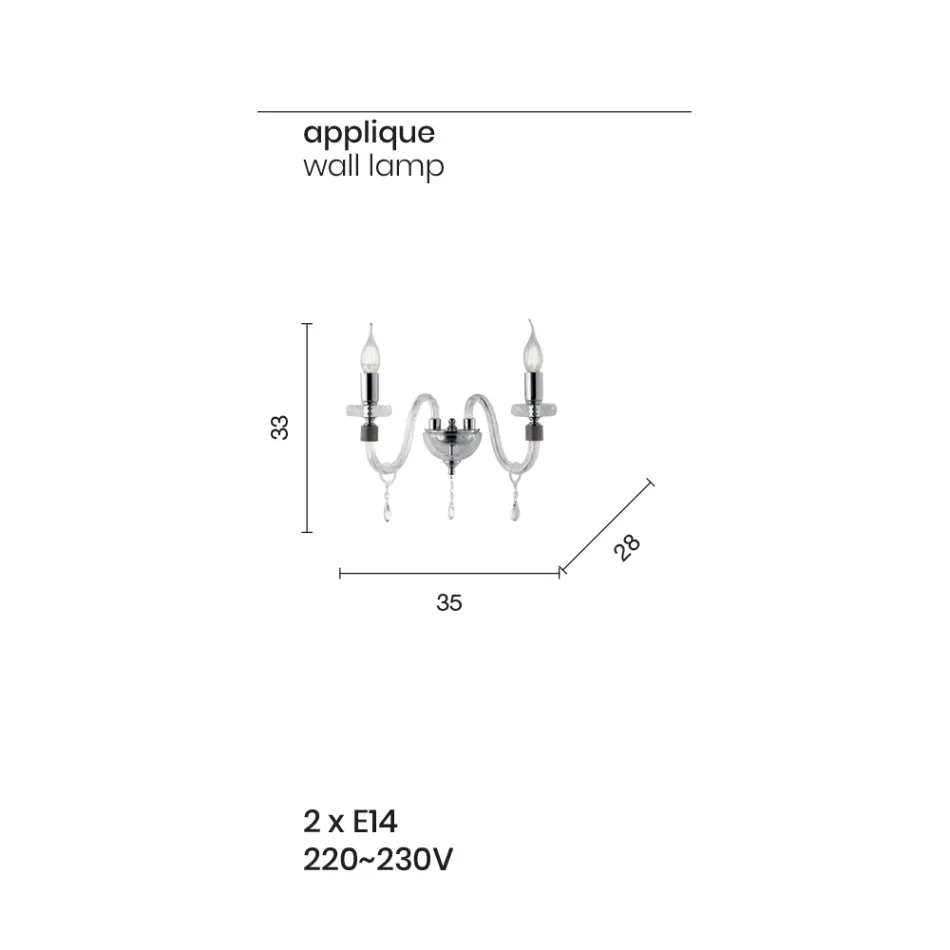 Aplique de Diseño Clásico con 2 Luces en Cristal Cromado Trabajado a Mano - Similo viadurini