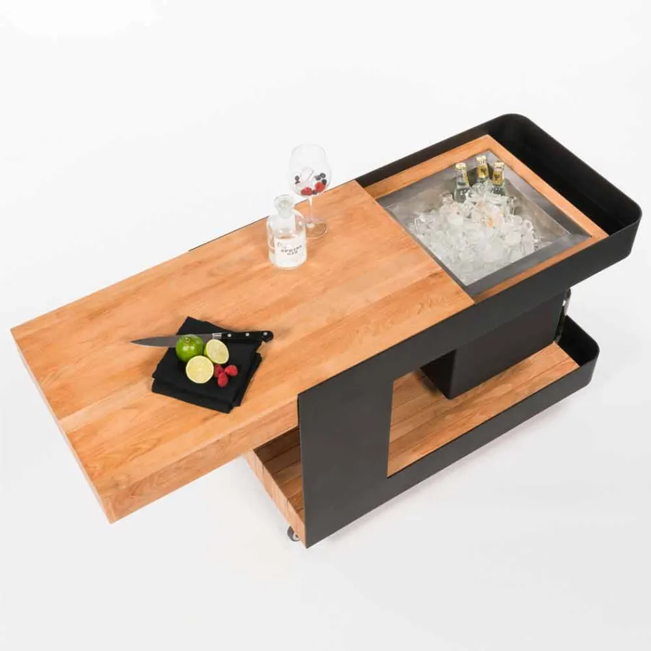 Diseño moderno de barra móvil sobre ruedas con mesa de madera y acero - Giancalliope viadurini