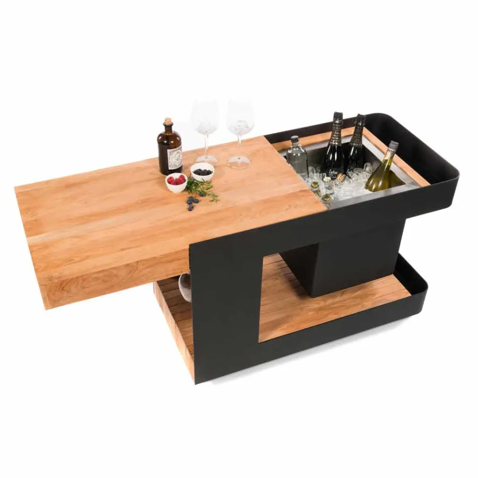 Diseño moderno de barra móvil sobre ruedas con mesa de madera y acero - Giancalliope viadurini