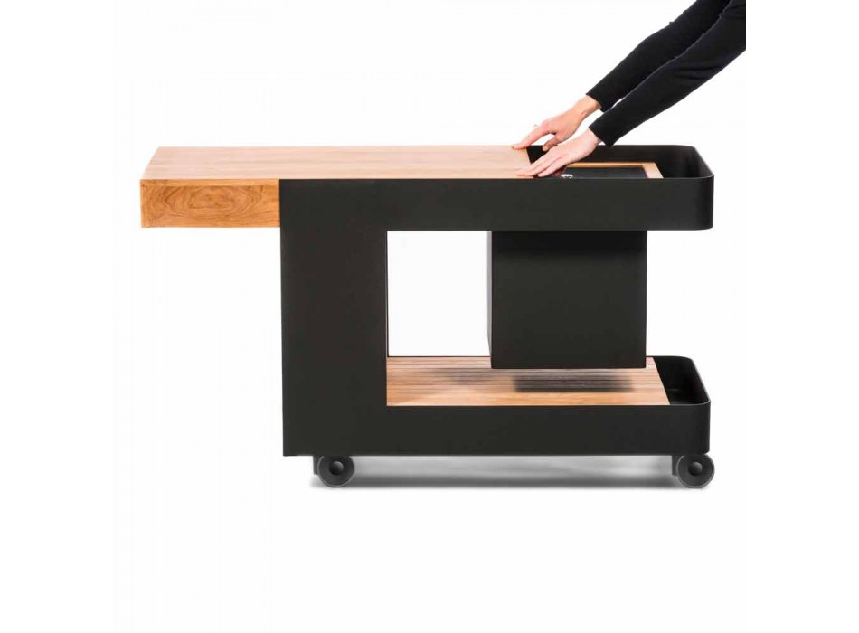Diseño moderno de barra móvil sobre ruedas con mesa de madera y acero - Giancalliope viadurini