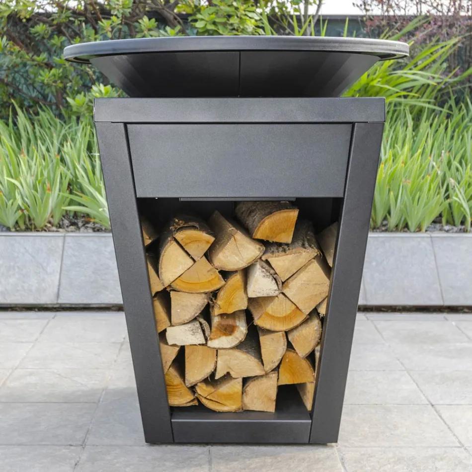 Barbacoa de leña con placa de cocción y compartimento porta madera - Ferran viadurini