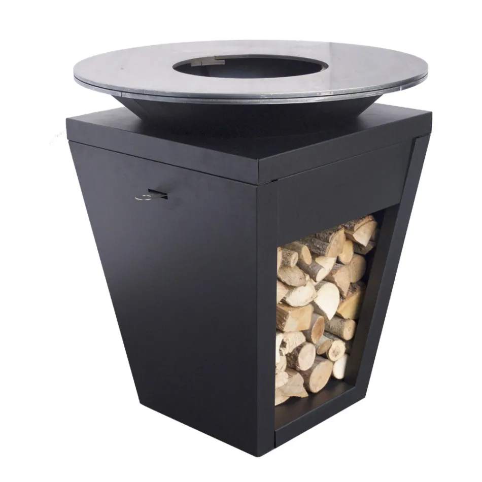 Barbacoa de leña con placa de cocción y compartimento porta madera - Ferran viadurini
