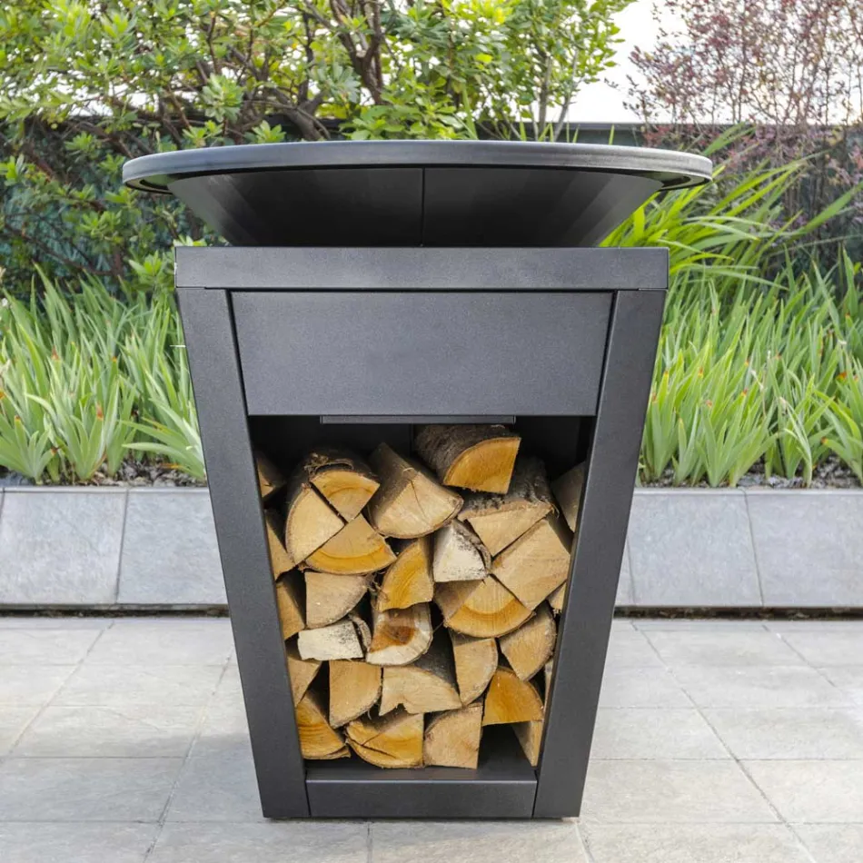 Barbacoa de leña con placa de cocción y compartimento porta madera - Ferran viadurini