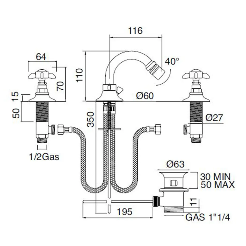 Mezclador de bidé clásico de 3 orificios en latón y tiradores de mariposa - Miriano viadurini