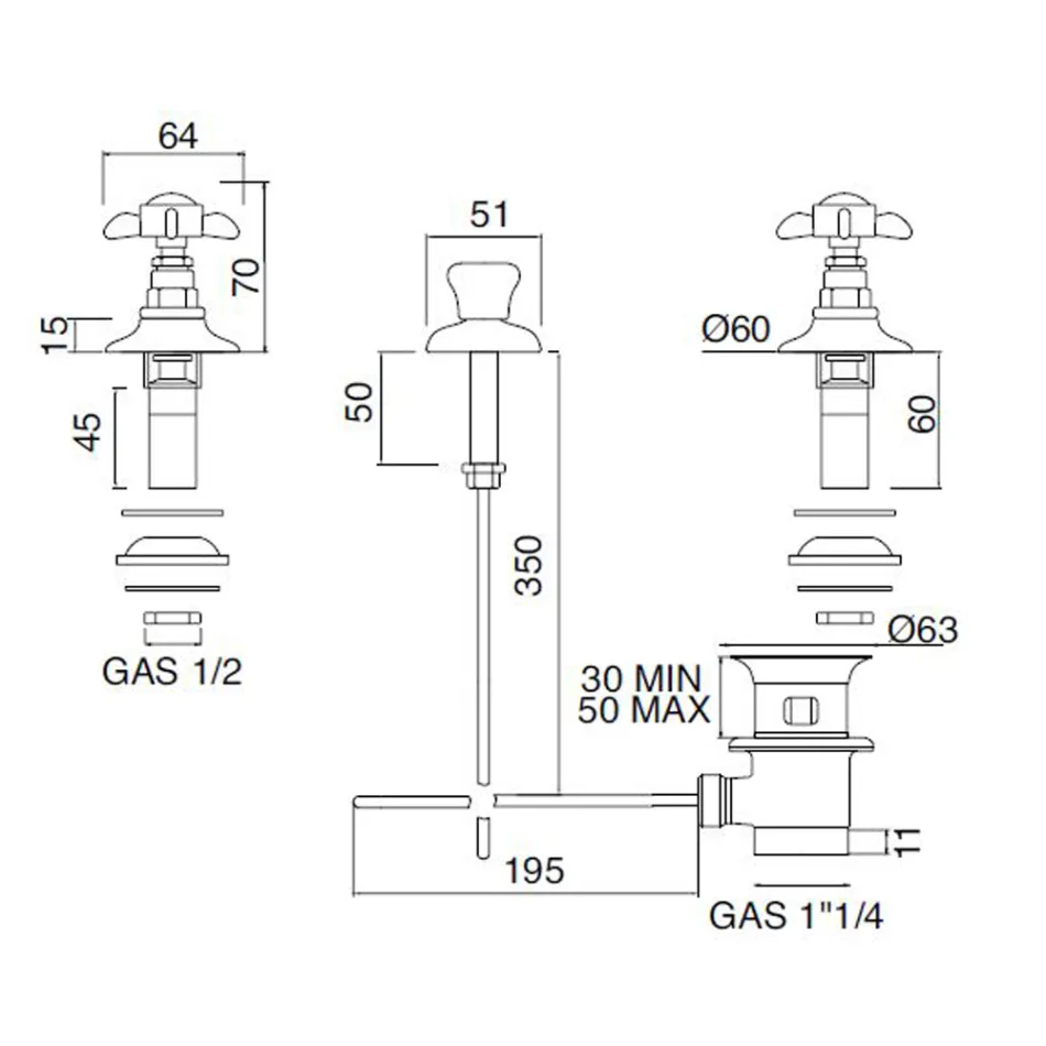 Mezclador de bidé de 3 orificios con entrega interna de latón y manijas de mariposa - Miriano viadurini