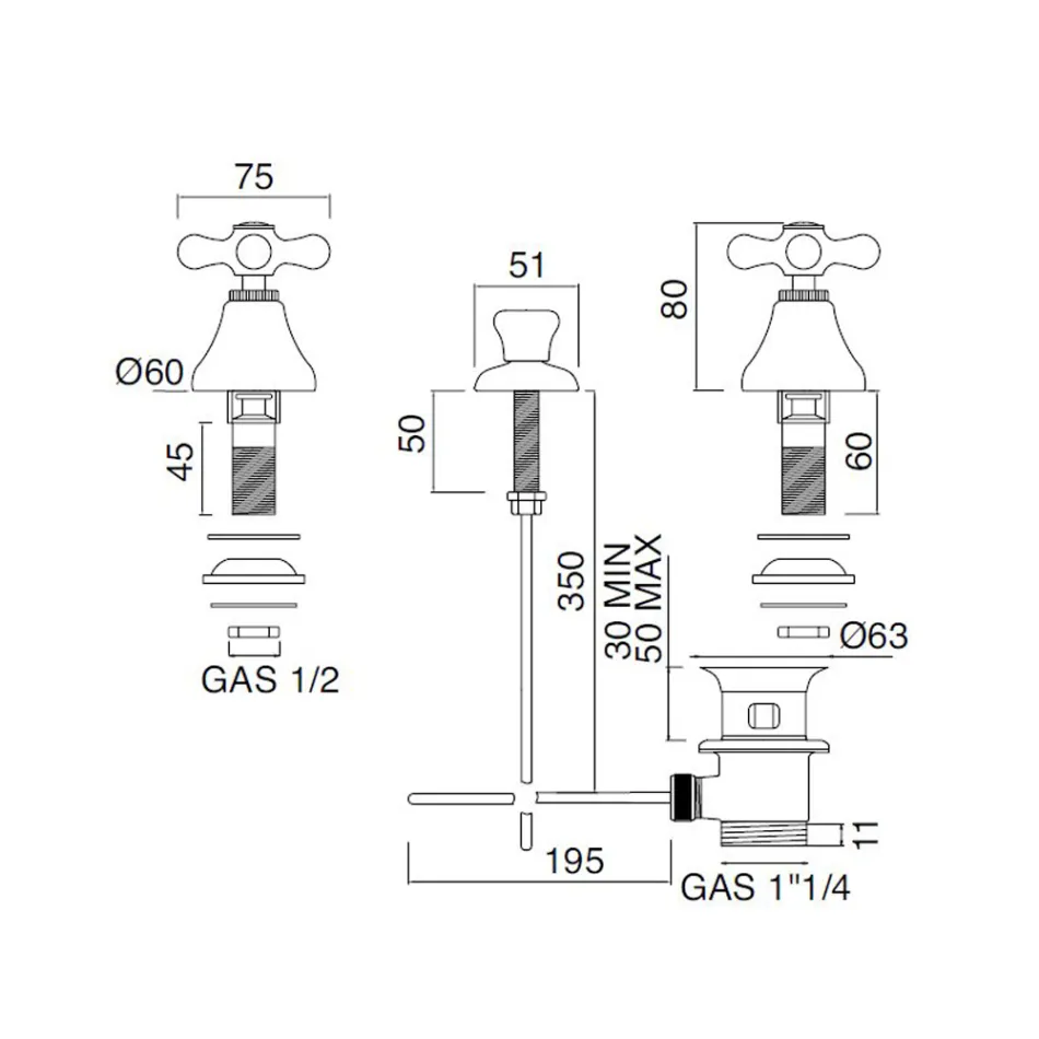 Mezclador de bidé de 3 orificios Desagüe entrega interna Latón artesanal - Ercolina viadurini