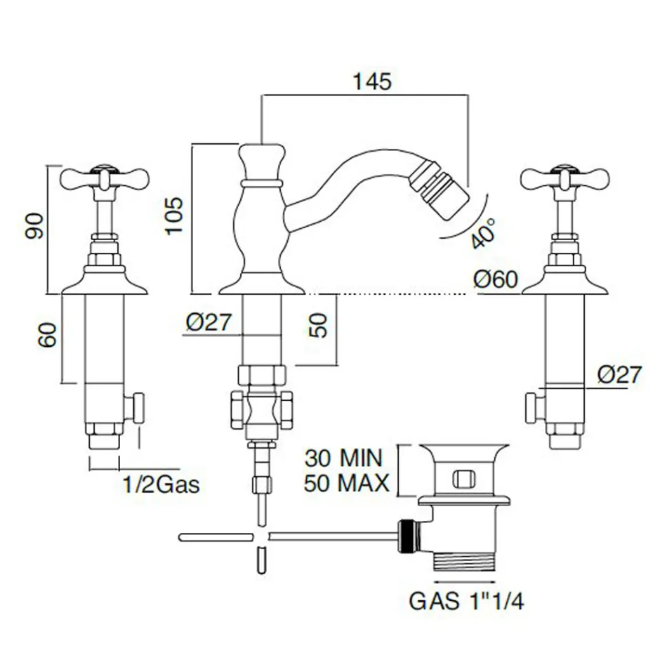 Mezclador de bidé de 3 orificios con desagüe clásico de latón hecho a mano - Fioretta viadurini