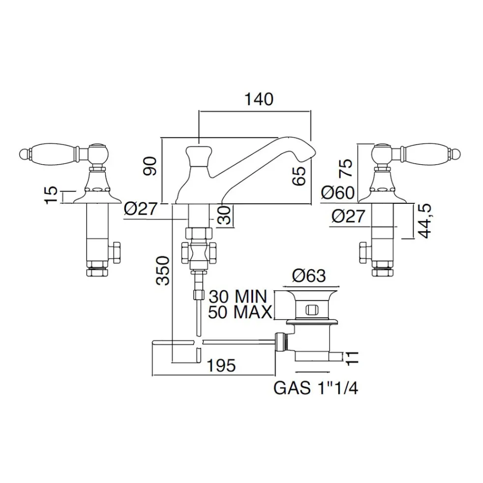 Mezclador de lavabo de 3 orificios con palancas de estilo clásico en latón artesanal - Noriana viadurini
