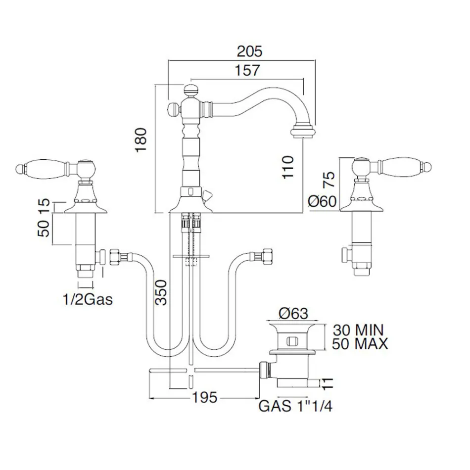 Mezclador de lavabo de 3 orificios con desagüe de latón estilo clásico artesanal - Noriana viadurini