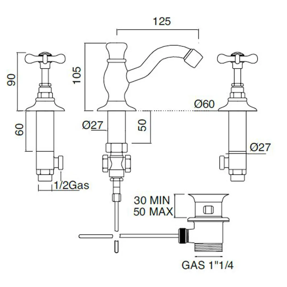 Mezclador de lavabo de 3 orificios con desagüe clásico de latón hecho a mano - Fioretta viadurini