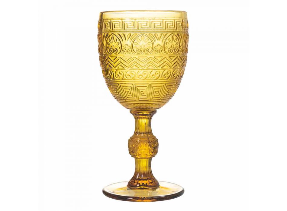 Copas de copa para agua o vino en vidrio de colores y decoraciones en relieve - Folk viadurini