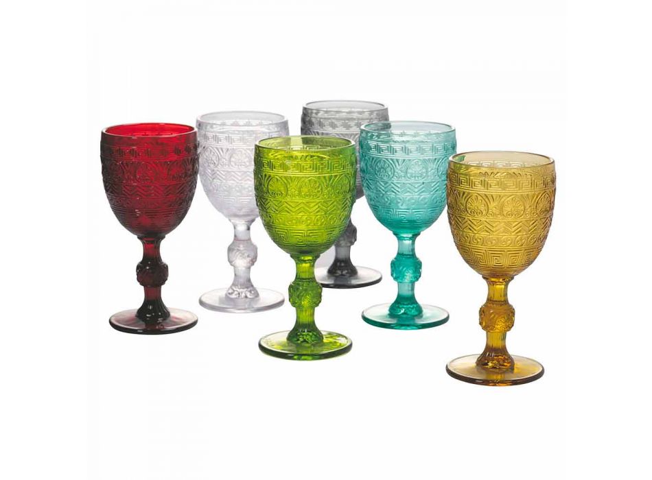 Copas de copa para agua o vino en vidrio de colores y decoraciones en relieve - Folk viadurini