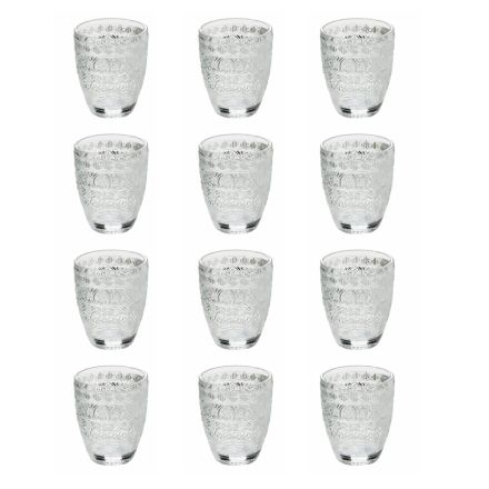 Vasos de agua de vidrio transparente con adornos arabescos 12 piezas - Folk viadurini