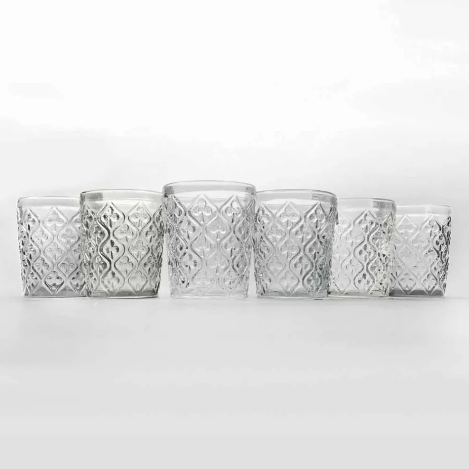 Vasos de vidrio transparente con decoraciones, servicio de agua de 12 piezas - Marruecos viadurini