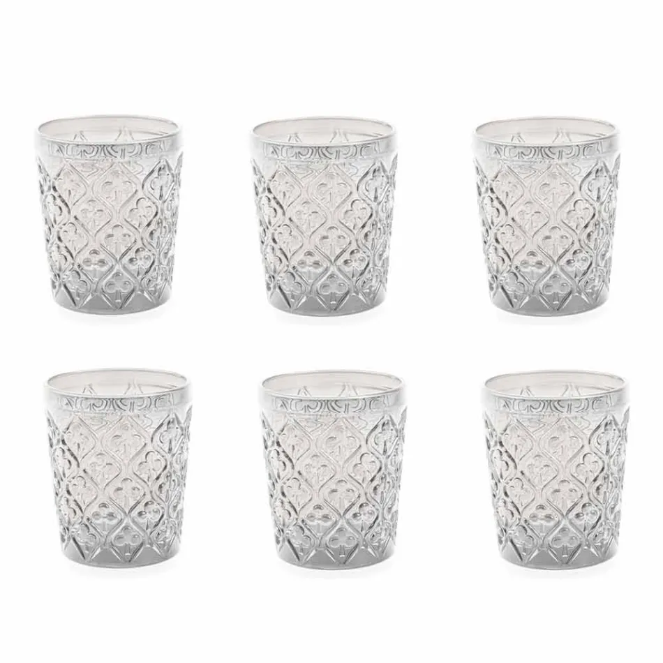 Vasos de vidrio transparente con decoraciones, servicio de agua de 12 piezas - Marruecos viadurini