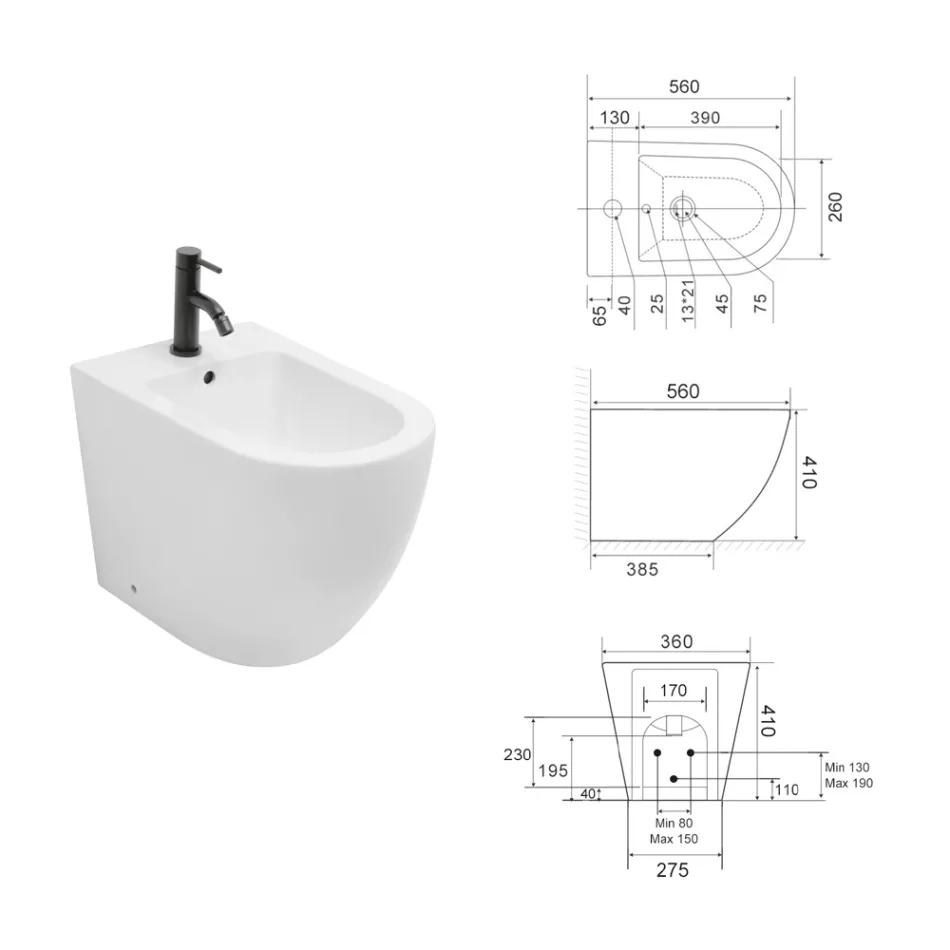 Bidé monomando de pie en cerámica blanca resistente con un diseño moderno - Olmo viadurini