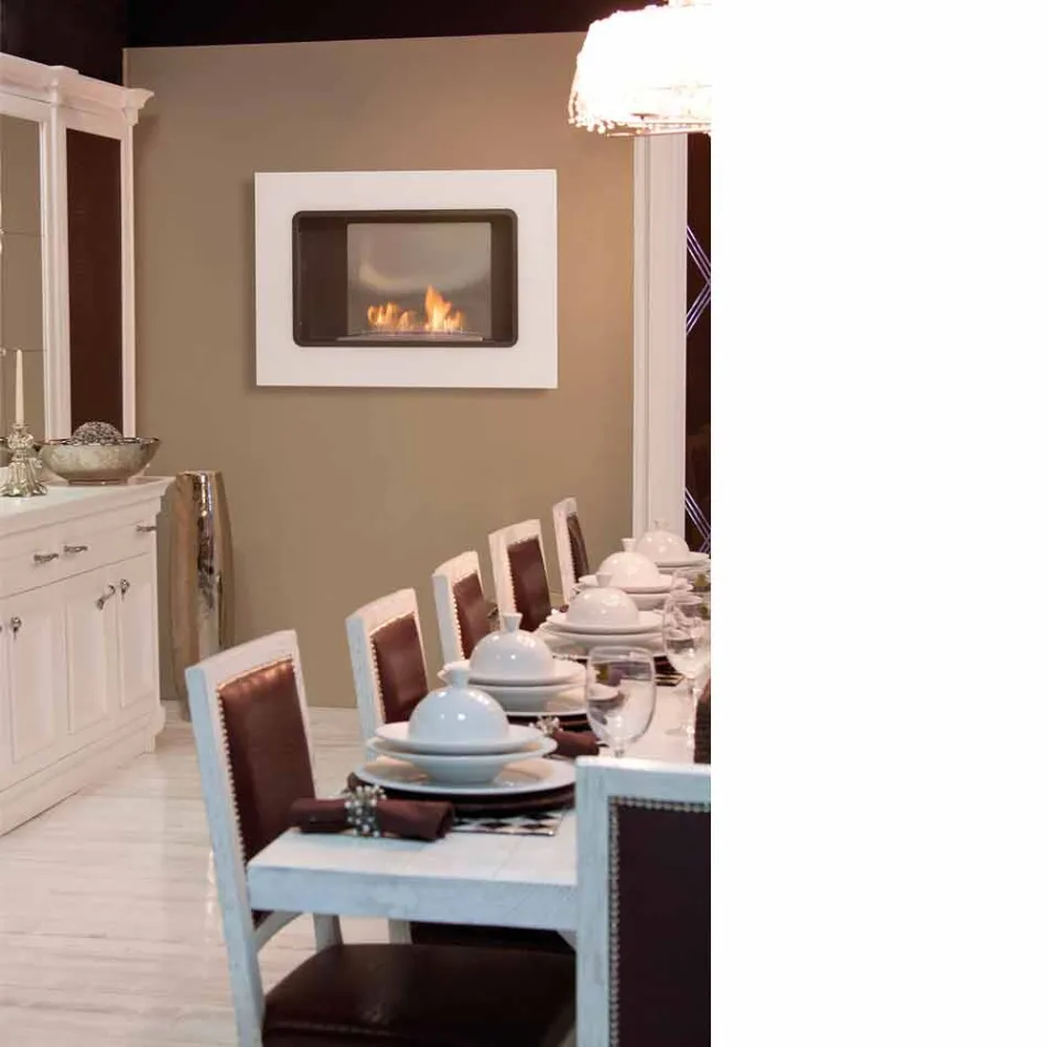 Chimenea Bio de pared blanca con diseño moderno con inserto de vidrio Erica viadurini