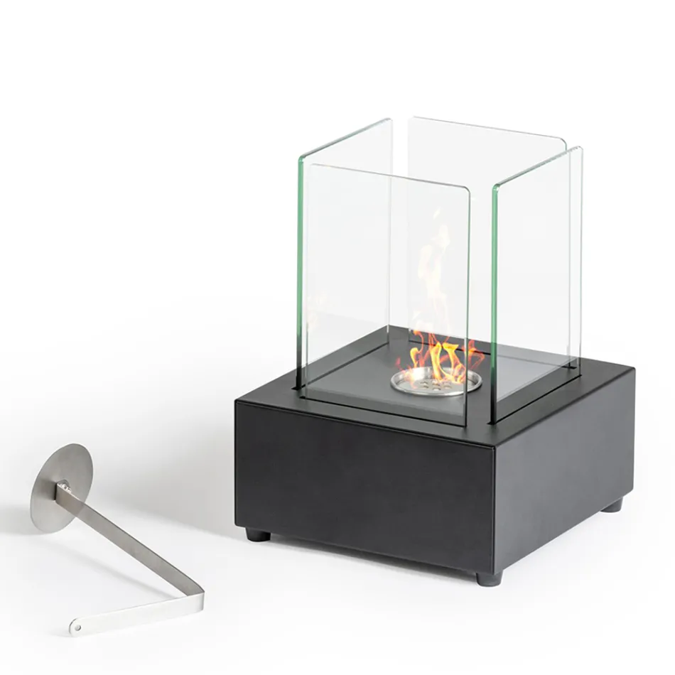 Biochimenea de mesa en vidrio templado con base en metal negro - Coriano viadurini