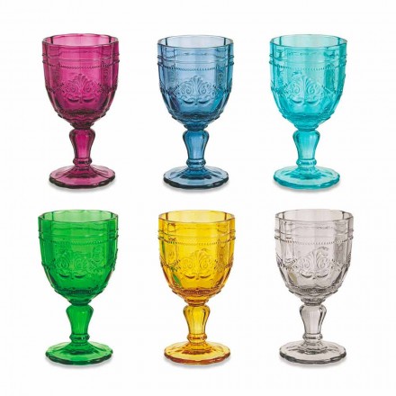 Copas de vino de colores en vidrio con decoración Arabescato, servicio de 12 piezas - Tornillo viadurini
