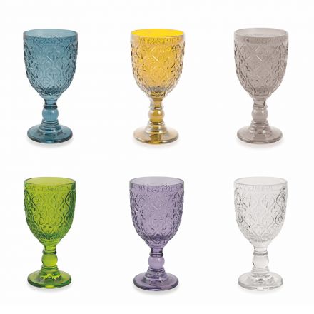 Copas de vino o agua en vidrio de colores y decoración arabescos 12 piezas - Marruecos viadurini