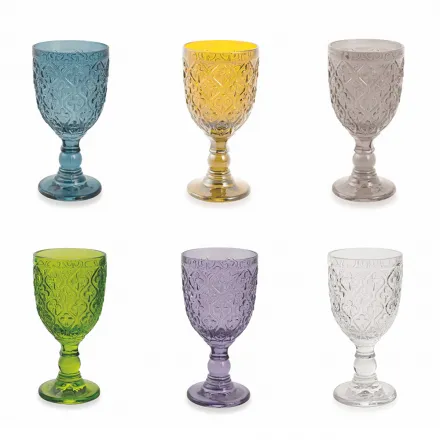 Copas de vino o agua en vidrio de colores y decoración arabescos 12 piezas - Marruecos viadurini