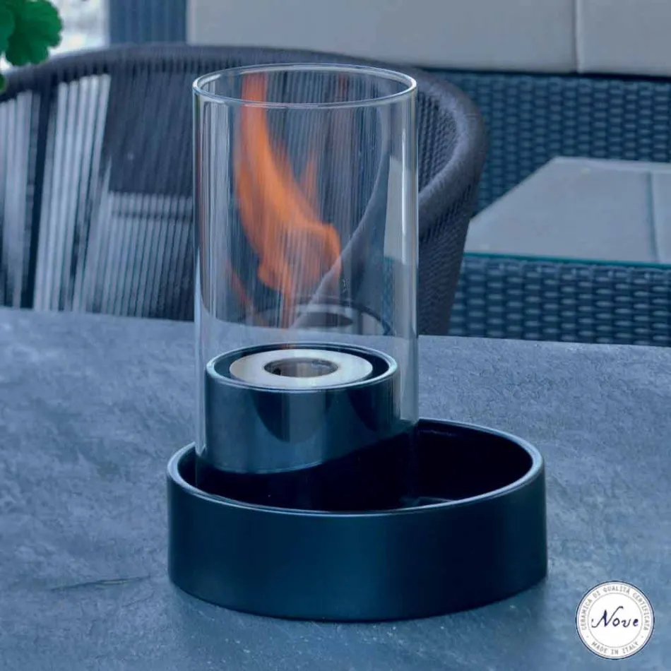 Chimenea con cerámica y mesa de cristal bioetanol Jim, fabricado en Italia viadurini