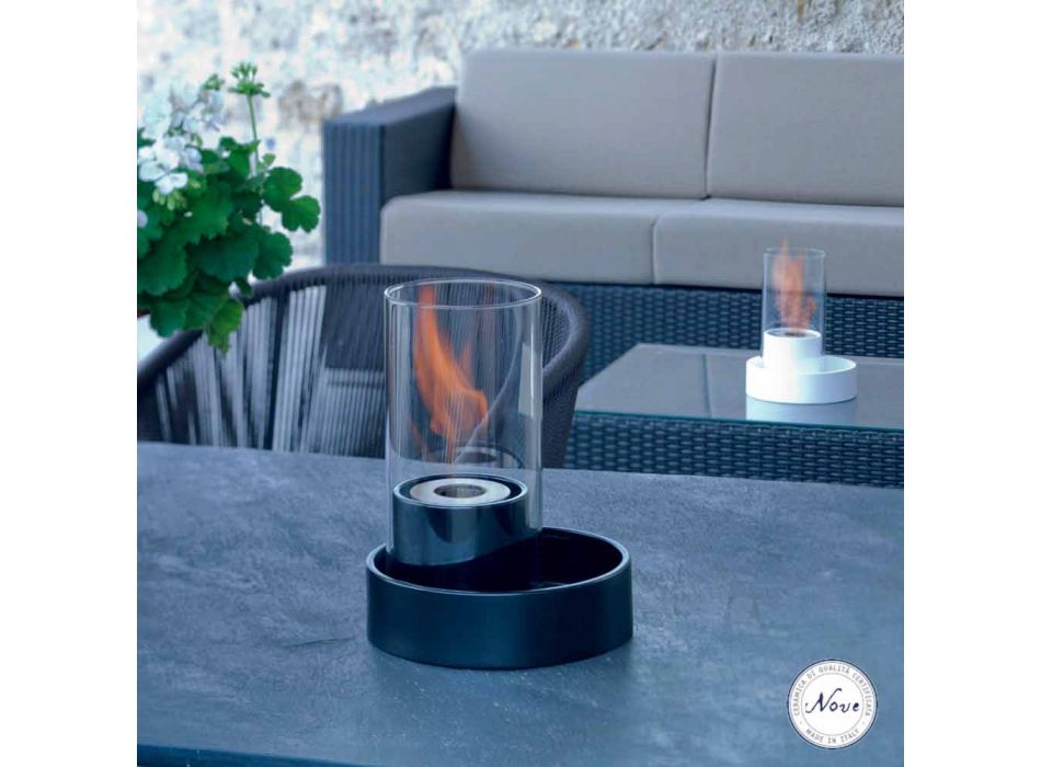 Chimenea con cerámica y mesa de cristal bioetanol Jim, fabricado en Italia viadurini