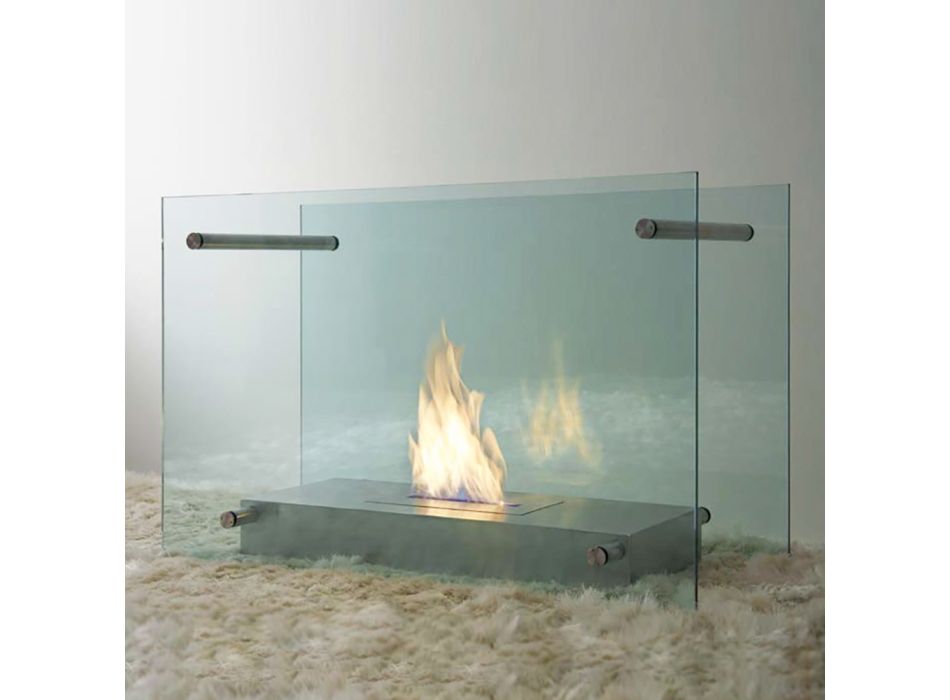Chimenea de bioetanol para piso en diseño de vidrio y acero para interior - Edison viadurini