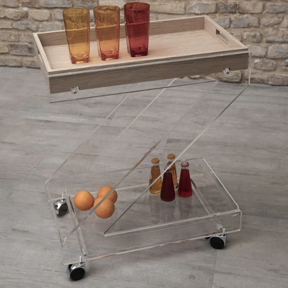 Carrito 2 Estantes en Cristal Acrílico Transparente con Bandeja - Zazza viadurini