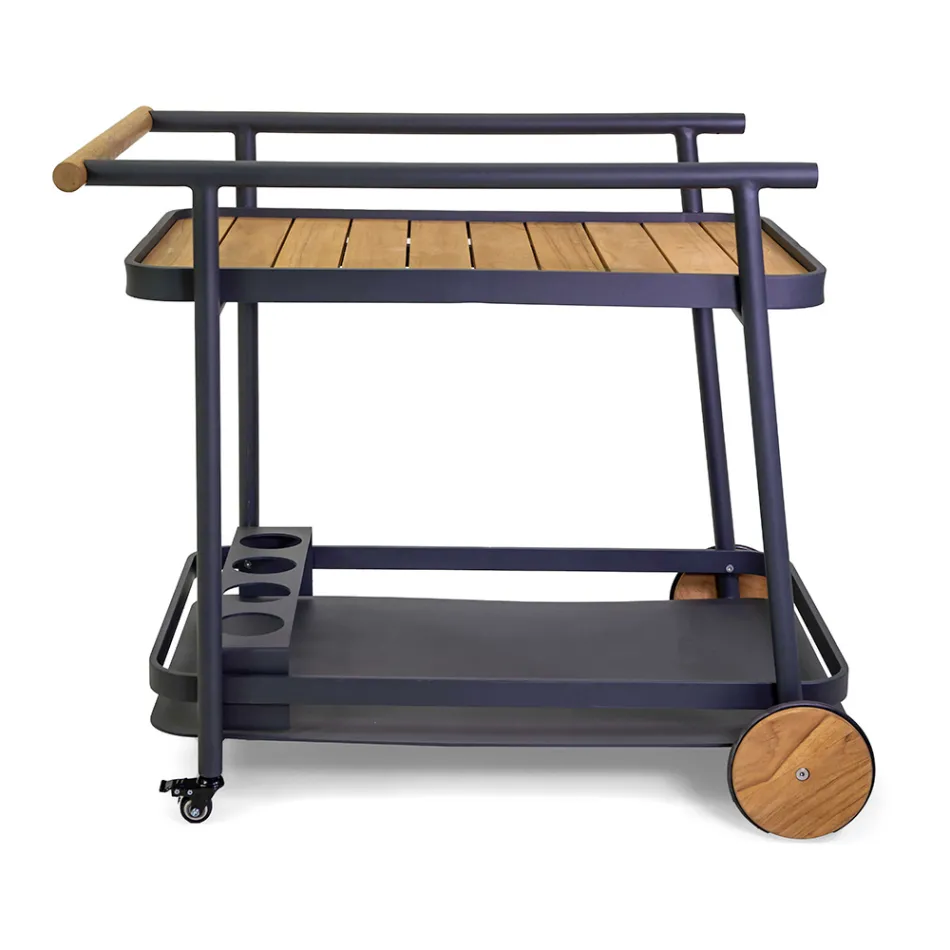 Carro de aluminio en diferentes acabados con ruedas y detalles de teca - Carpa viadurini