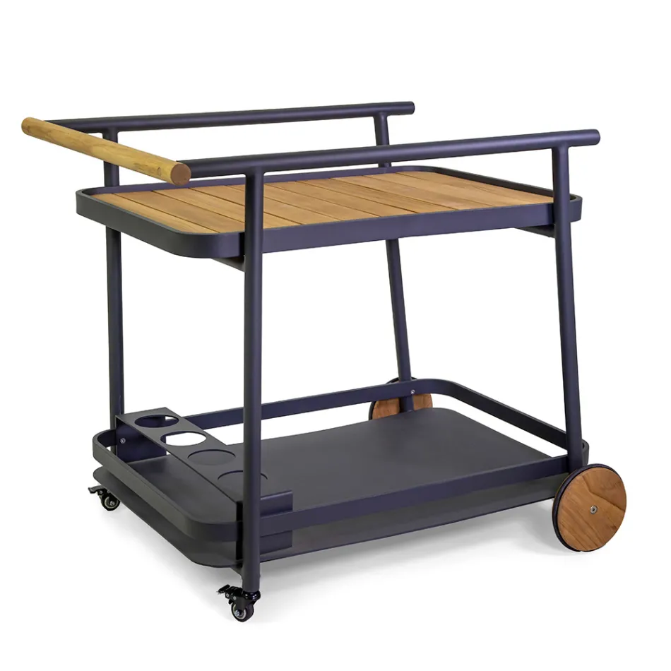 Carro de aluminio en diferentes acabados con ruedas y detalles de teca - Carpa viadurini