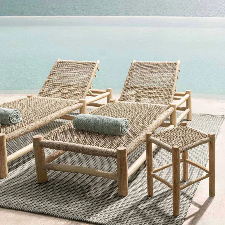Chaise Longue de exterior en ramas de teca y tejido de fibra sintética - Tecno viadurini
