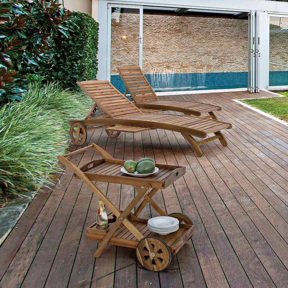 Chaise Longue de Jardín de Madera con Ruedas de Diseño para Exterior - Roxen viadurini