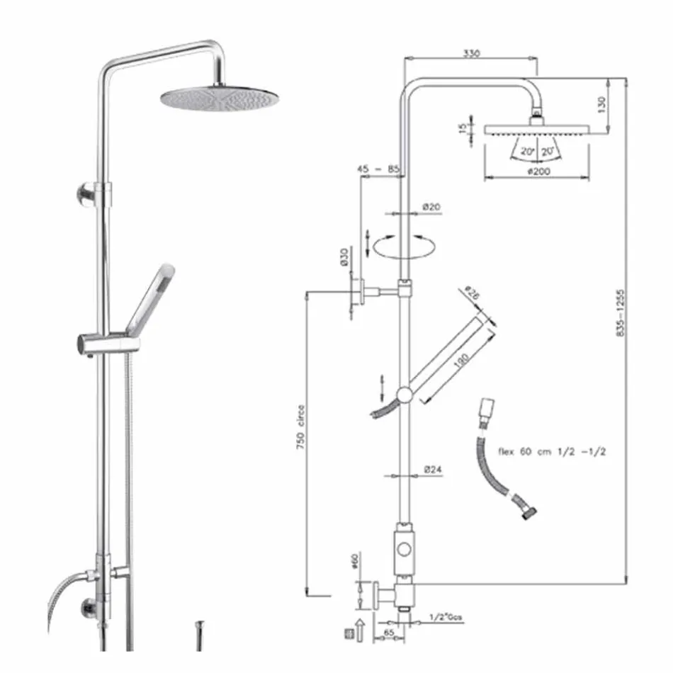 Columna de ducha de sección redonda de latón con ducha de mano Made in Italy - Amadeo viadurini