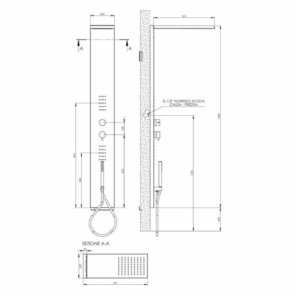 Columna de ducha de acero con cabezal de ducha tipo lluvia Made in Italy - Sailor viadurini