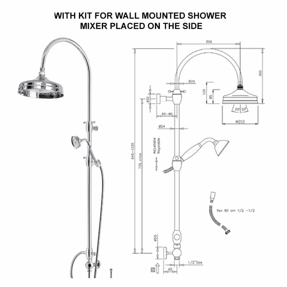 Columna de ducha de latón con cabezal de ducha redondo y ducha de mano Made in Italy - Brillo viadurini