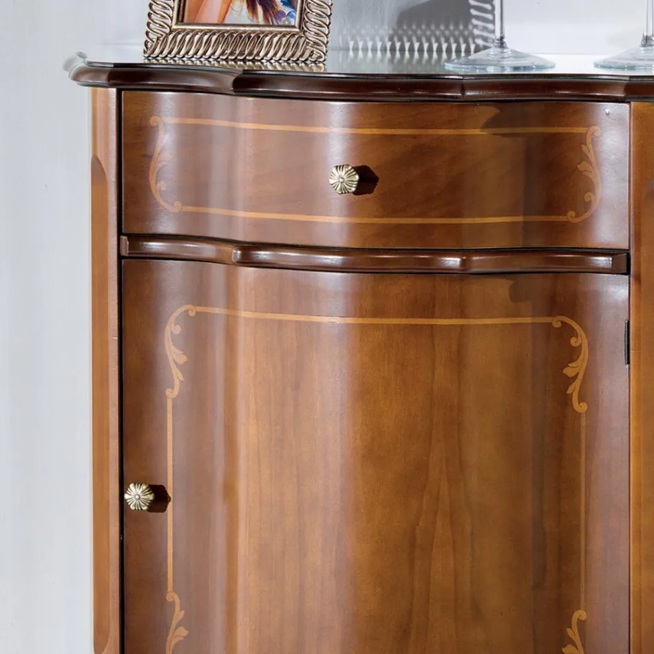 Mesita de noche clásica con puerta de madera con incrustaciones y cajón Made in Italy - Leonor viadurini