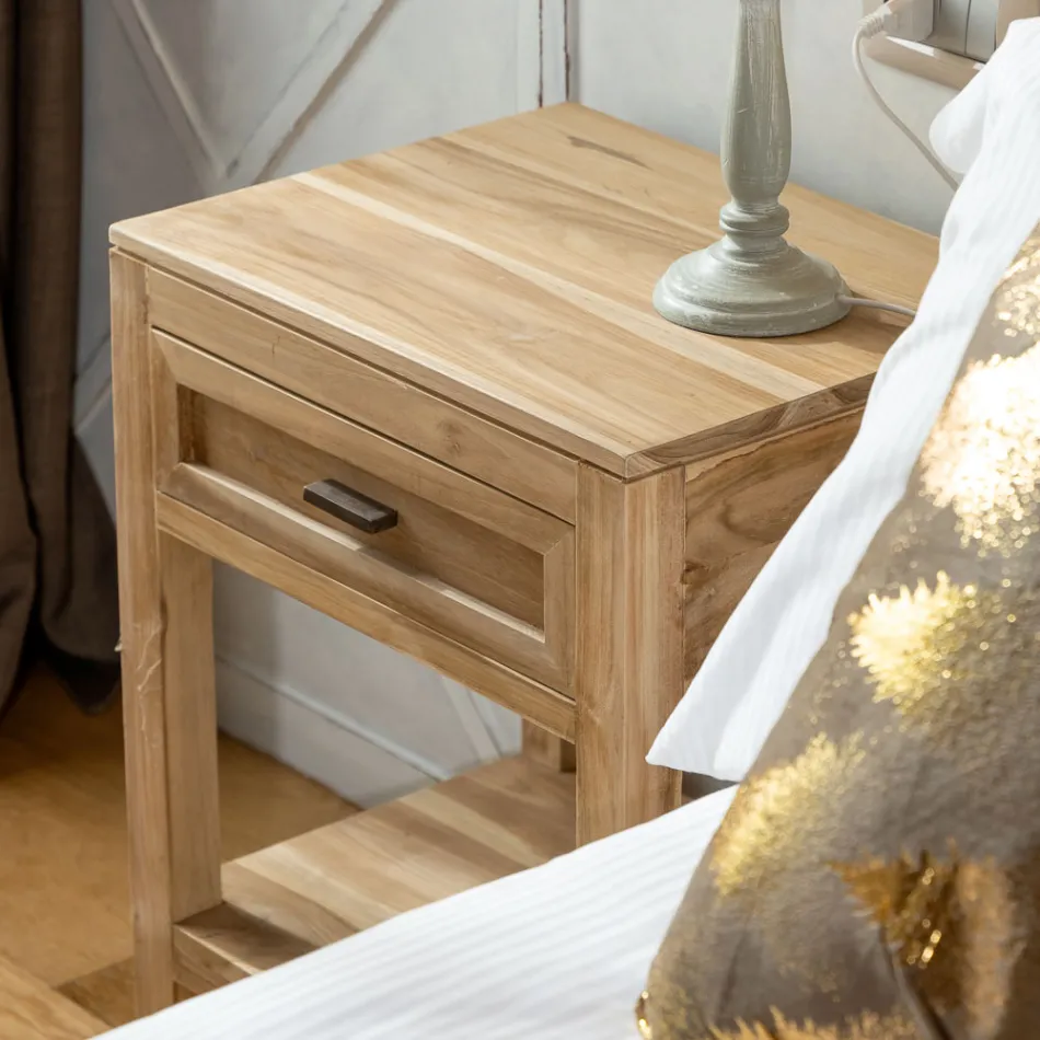 Mesita de noche de teca maciza con 1 cajón - Penca viadurini